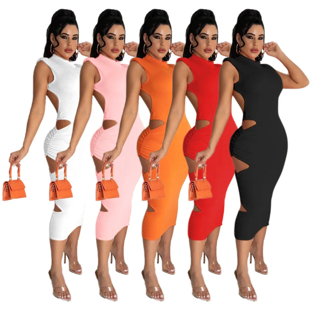 

2021 New Arrivals women sleeveless backless hollow cut out dress bodycon dress women nightclub party wear, As picture