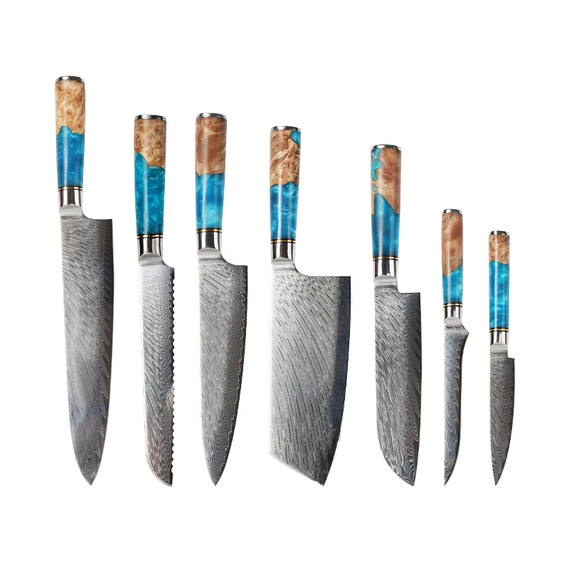 

VG10 Damascus Steel 7pcs Kitchen Knife Set with Blue Resin Wood Handle Cleaver Bread Santoku Gyuto Slicing Knives 8" Chef Knife