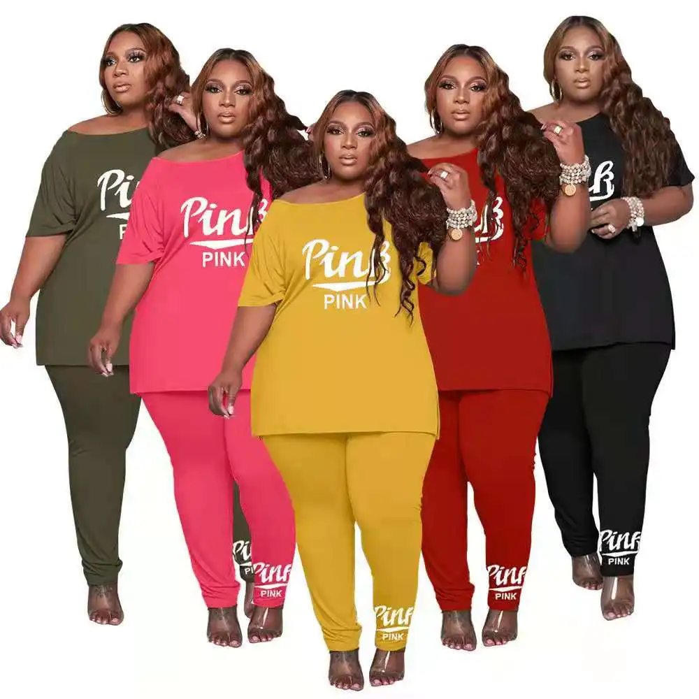

J&H fashion fall 2021 plus size 4xl 5xl outfit PINK print women clothes tracksuit two piece pants active wear, 5 colors as picture