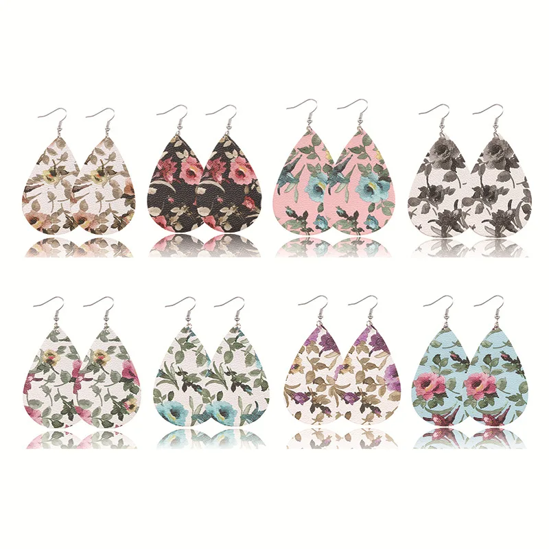 

Europe Water Drop Shape Double Sided Flower Print Faux Leather Earrings Floral PU Leather Teardrop Earrings