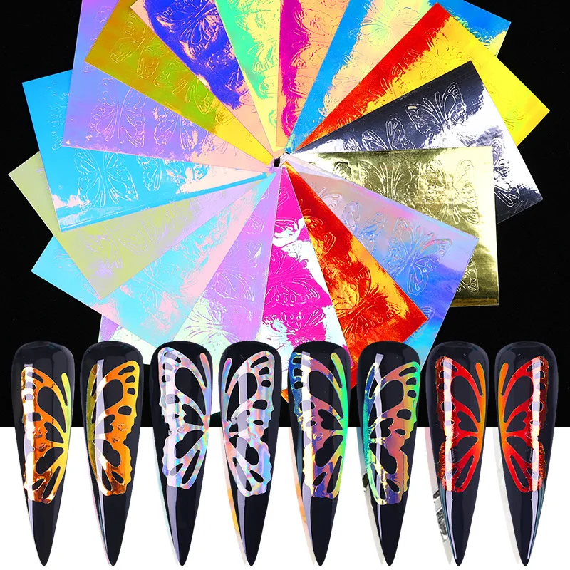 

3D Nail Stickers Decal Butterfly Holographic Laser Back Adhesive Manicure Nail Art Sticker, 16 colos