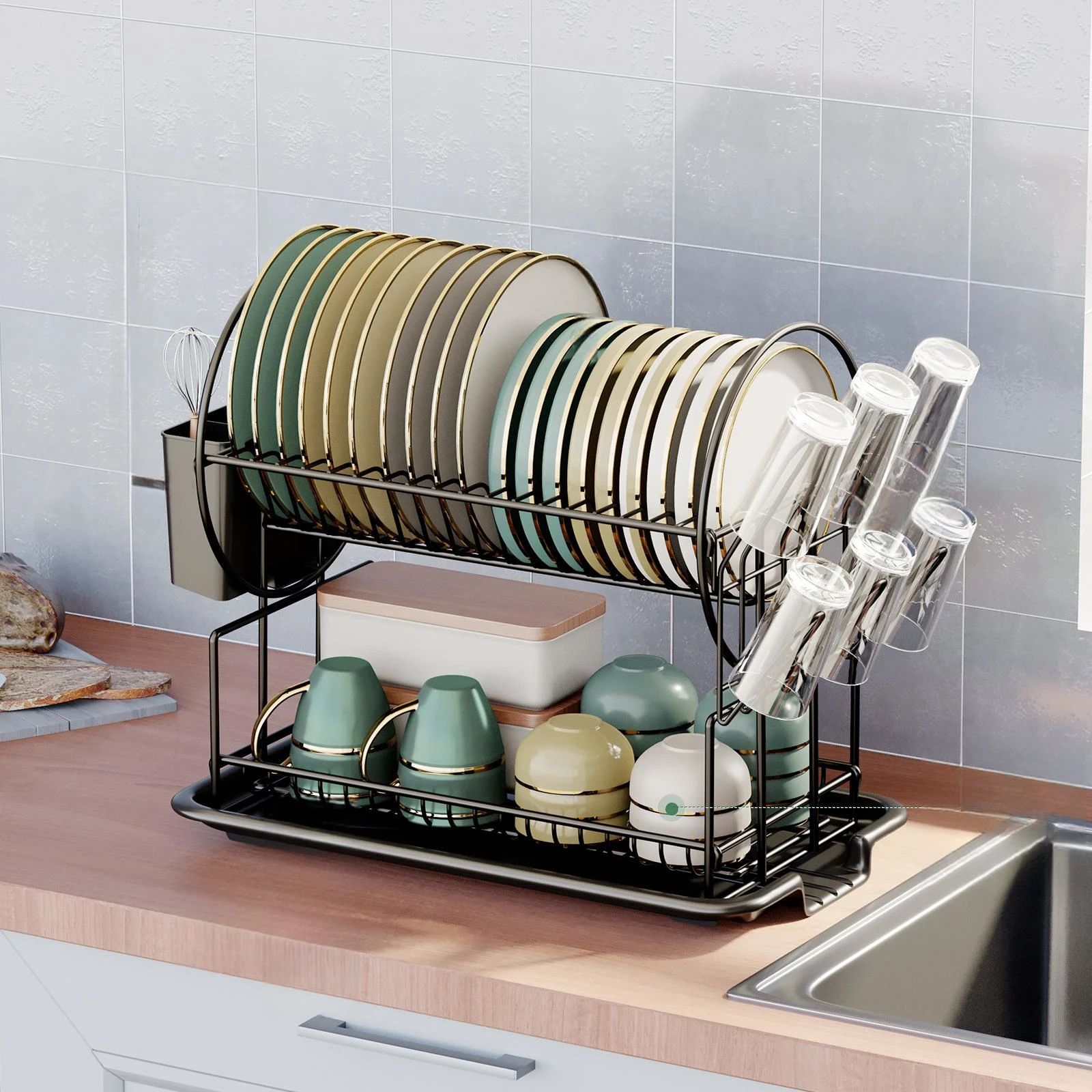 High Quality Double-Layer  Kitchen Storage Dish Rack  Multi-functional Storage Drain Dish Rack