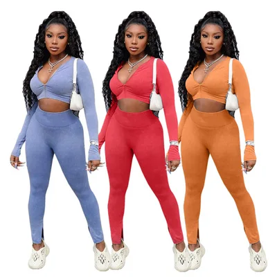 

Fall 2021 Women Clothes Solid Sportwear Set Crop Zip Top With Split Pants Set Women Casual Tracksuit