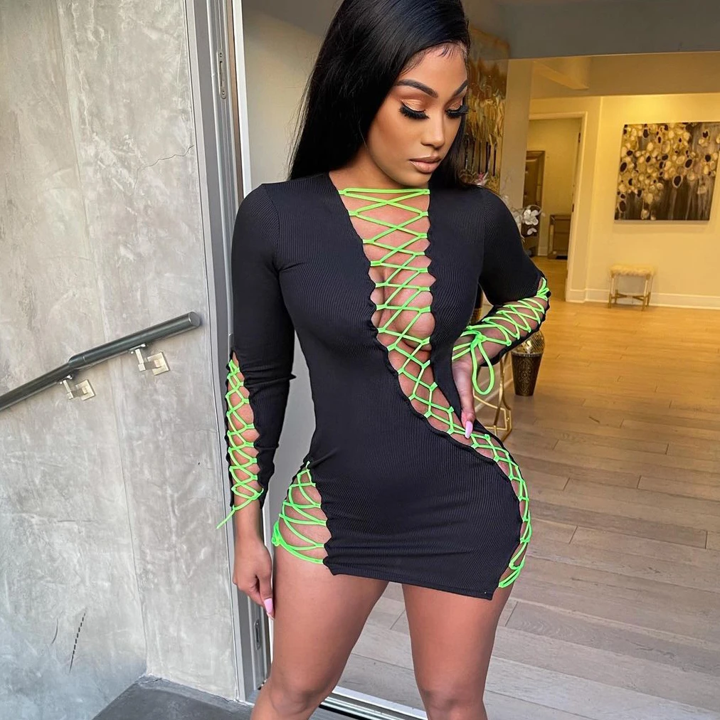 

2021 Sexy Night Club Wear Dresses Long Sleeve Tie Wrap Short Bodycon Pencil Dress Celebrity Dresses Party -CY, Black,coffee