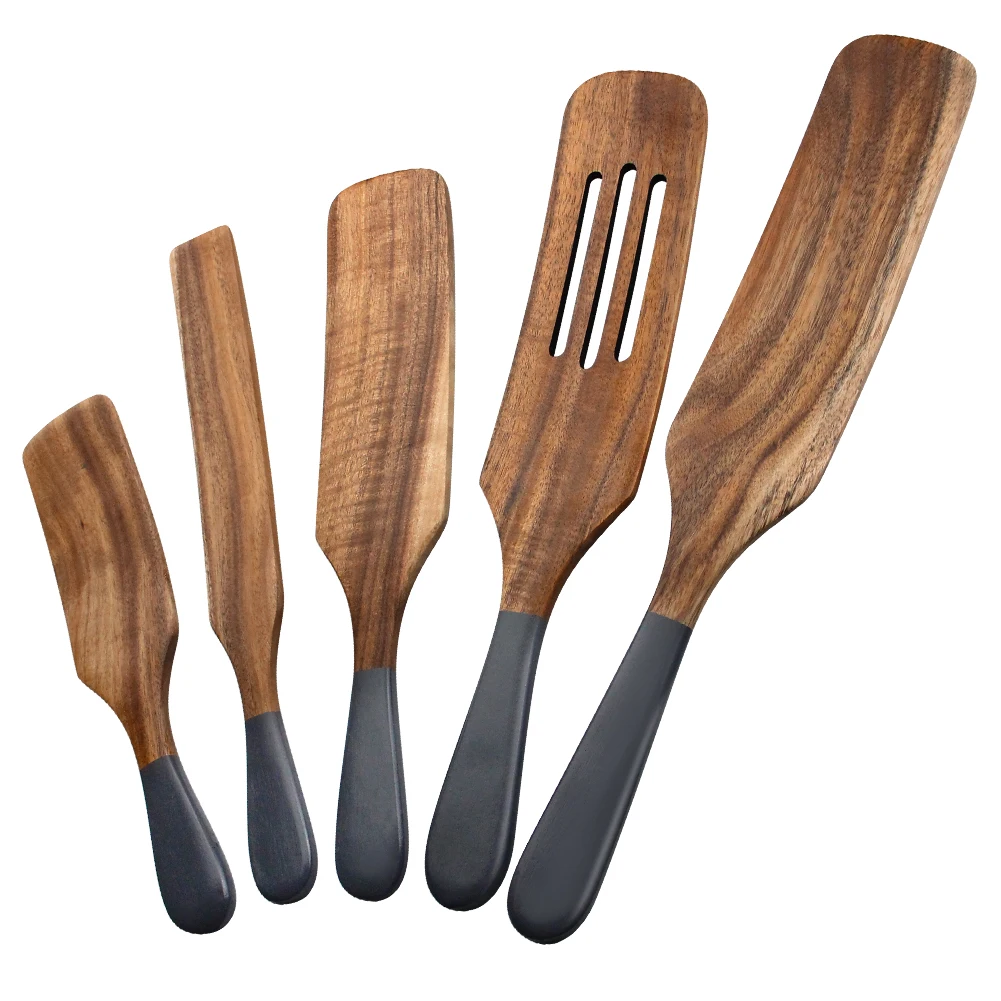 

Customized Salad Stirring Drain Sauce Omelette Nonstick Spatula Cookware 5-Piece Acacia Wood Spatula, Natural wood color