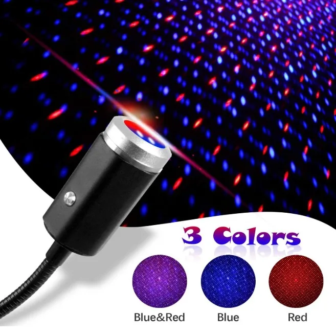 USB Car Roof Star Projector Night Light LED Interior Lamp 3 Colors Adjustable Laser Strip Atmosphere Light Red and Blue