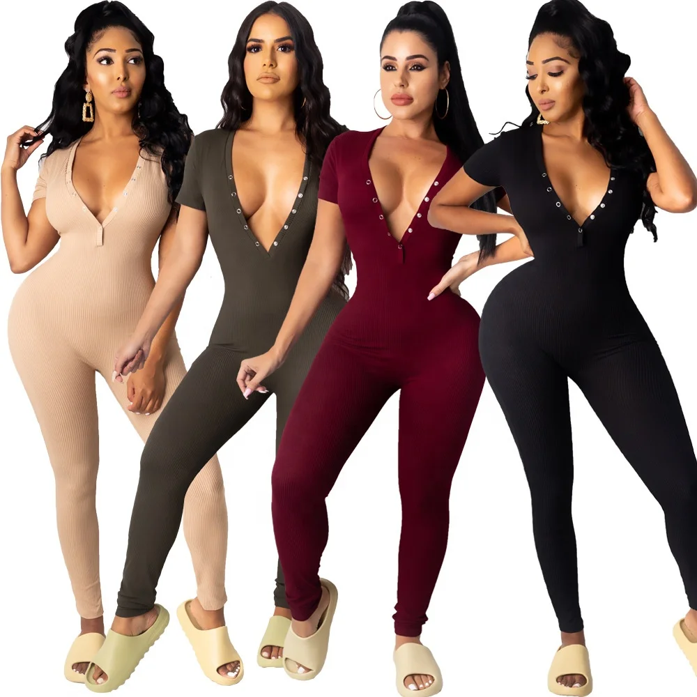 

New Fashion Short Sleeve Button Bodycon Solid Women Jumpsuit Romper Women, Picture