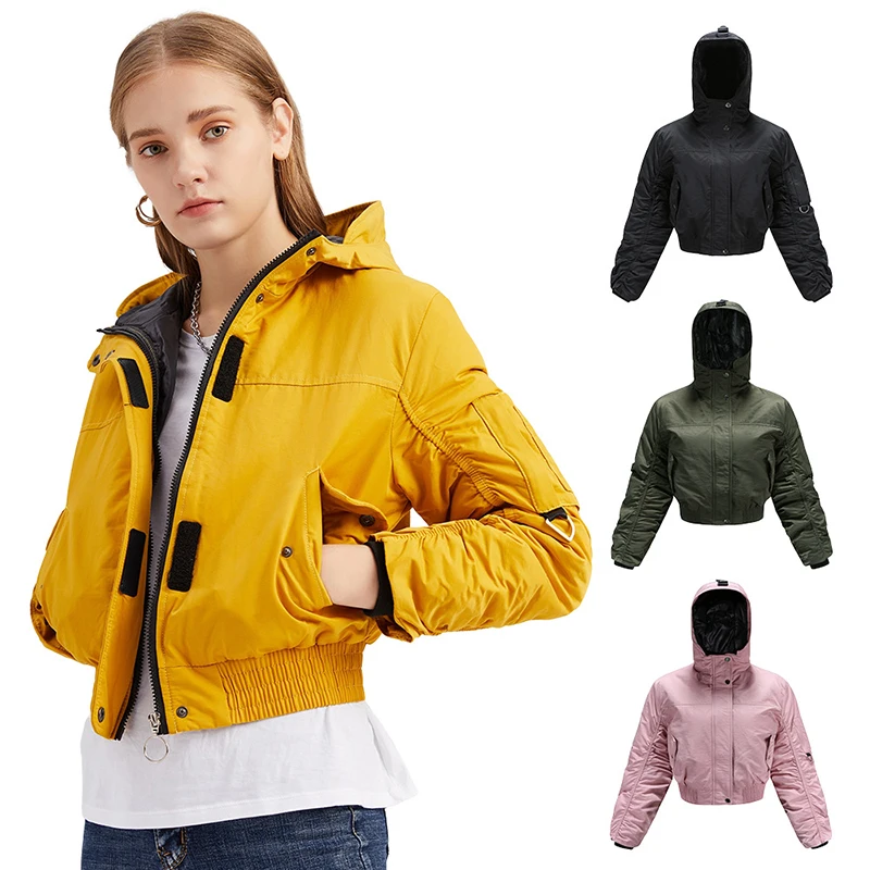

Wholesale solid color winter coat ladies warm fashion streetwear women short hooded jacket, 4 colors