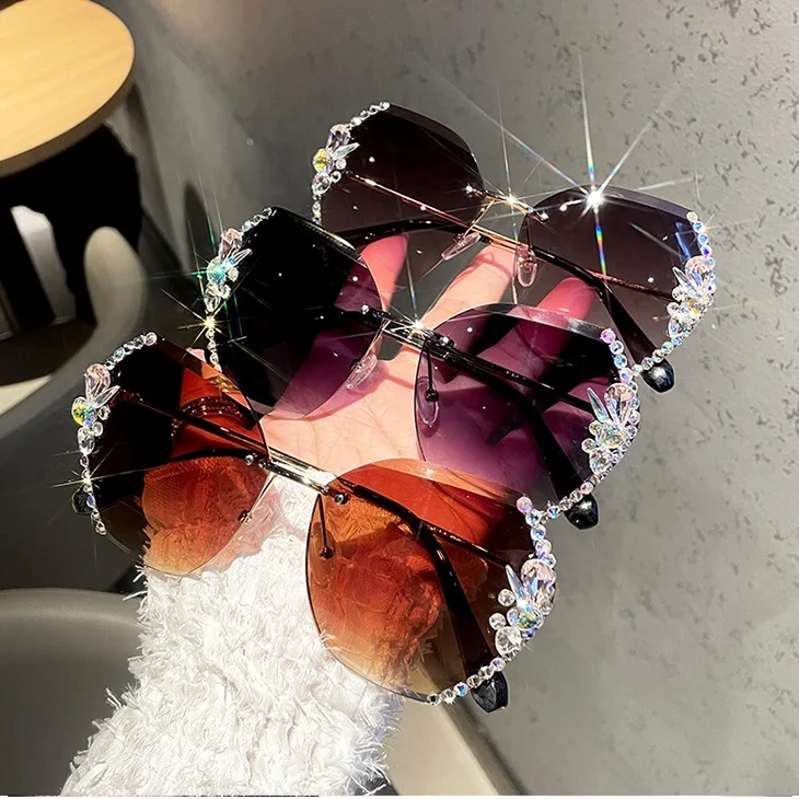 

2022 Ladies rimless shades sunglasses diamonds rhinestone sun glasses women luxury sunglasses, 15 colors