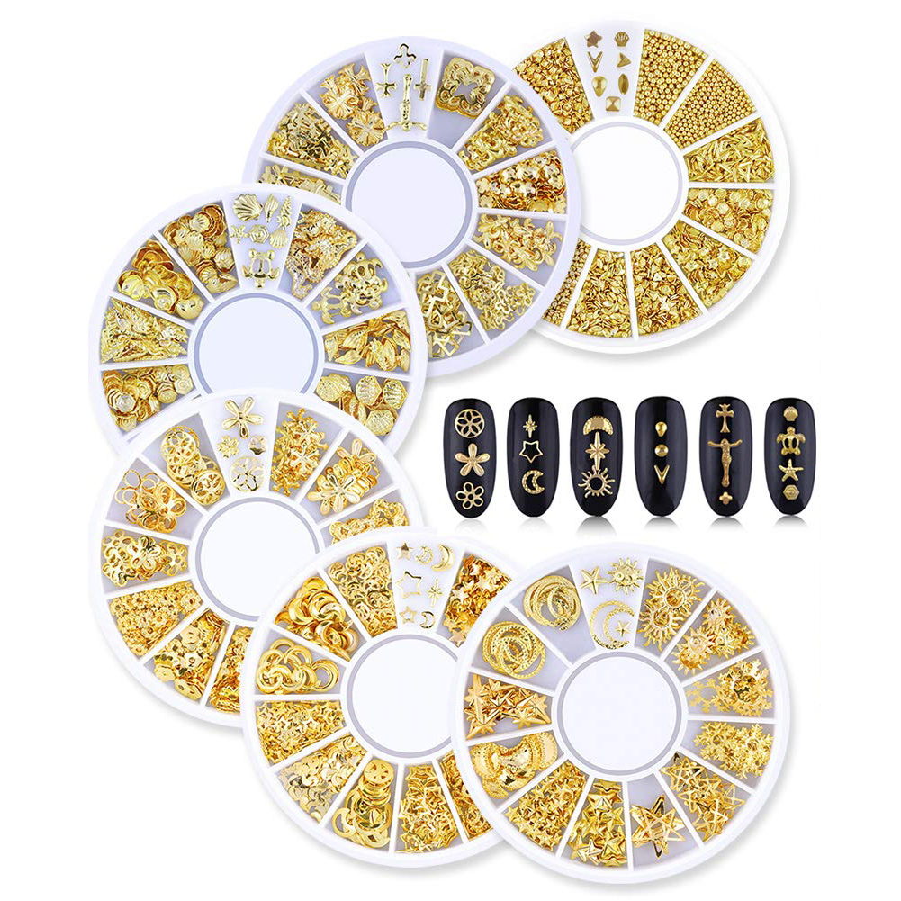 

Women 3D Toenails Charms Gold Metal Star Heart Triangle Square Rivet Nail Art Jewels Decals for Girls Fingernails, 6 types