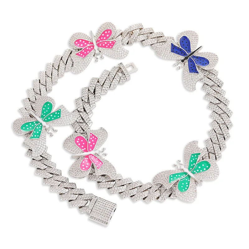 

New Multicolor Enamel CZ Butterfly Necklace Iced Out Bling CZ Miami Cuban Link Chain Butterfly Choker Hip hop Women Jewelry