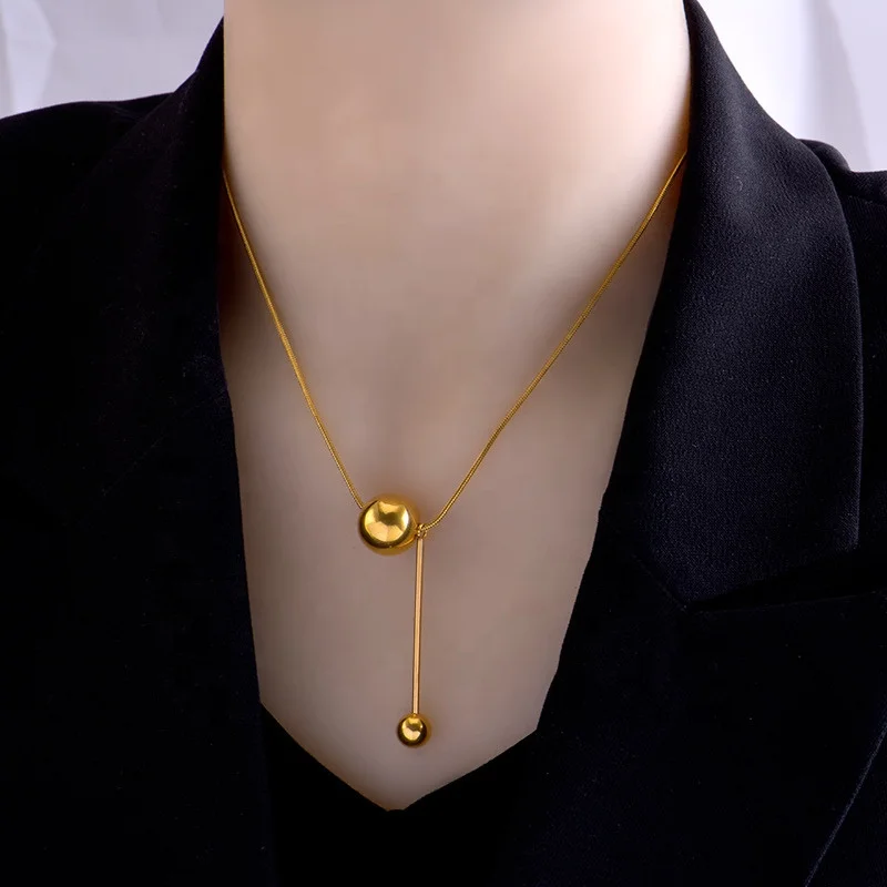 

Fashion Jewelry Bling Round Ball Charm Slim Chain Elegant Korean Stainless Steel Gold Plated Choker Necklaces