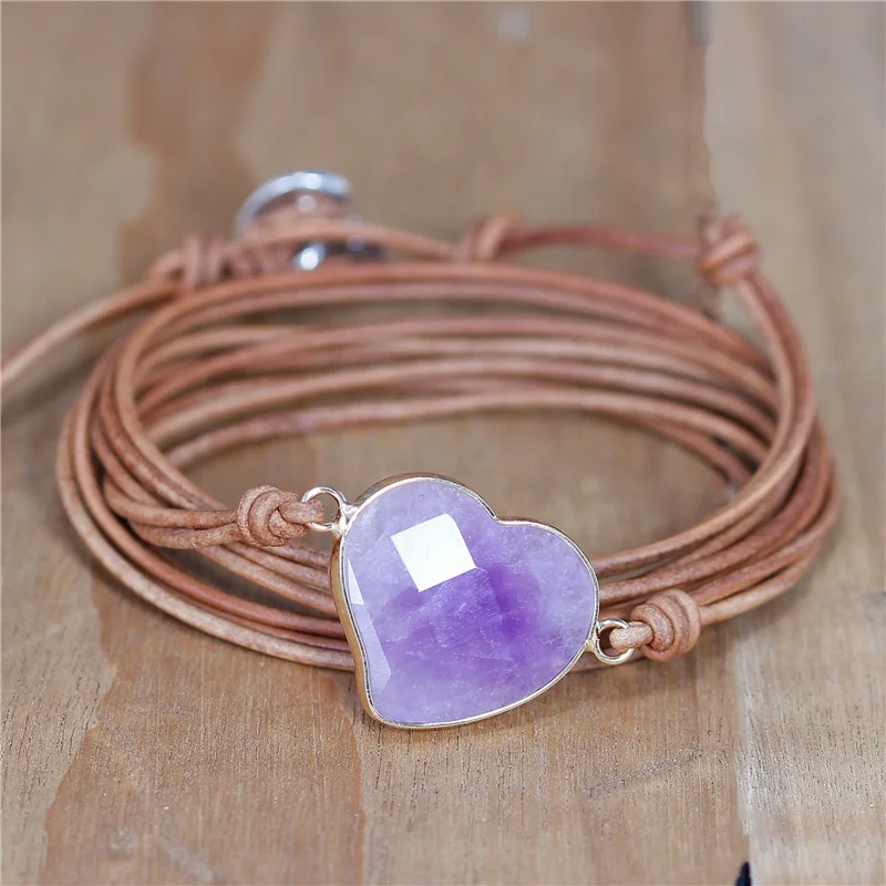 

Chic Purple Facted Amethyst Heart Charm Leather Wrap Bracelet For Women Vintage Jewelry Friendship Gift Wholesale Dropshipping