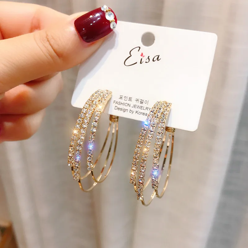 

European American S925 Sterling Silver Needle Circle Round Hoop Earrings Multi layer Rhinestone Crystal Large Hoop Earrings