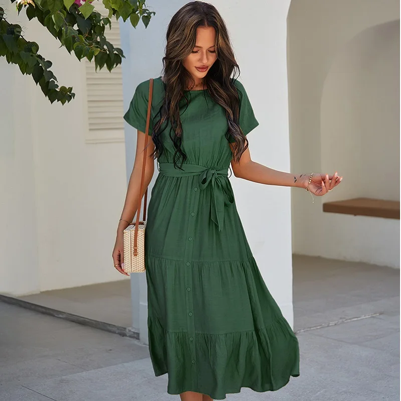 

2021 new arrivals Ladies' simple solid color short-sleeved tunic dress