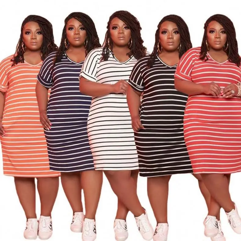 

wholesale high quality hot sale Striped Printed Dress Women's L-5XL Home Wear Casual plus size dress, White, orange, red, navy blue, black