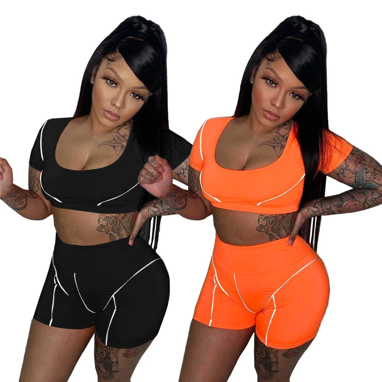 

F8584-wholesale summer 2021 shorts two piece sets reflective tracksuit