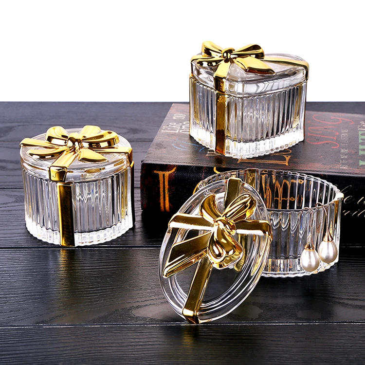 

Fashion vintage necklaces glass bow jewelry boxes candy cans light luxury glass jewelry boxes wholesale, Clear gold