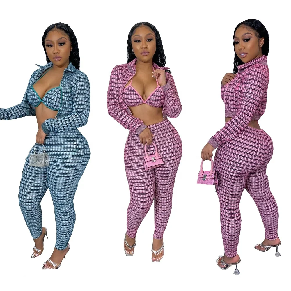 

Wholesale Women Sexy Plaid 3 Piece Set Party Wear Long Sleeve Coat Club Matching Sets, Picture
