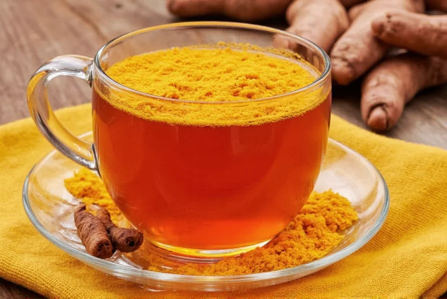 Homemade turmeric tea in a mug with fresh turmeric root and black pepper