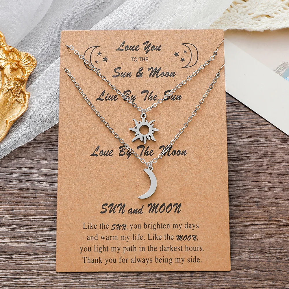 

FanYue INS fashion 2021 jewelry couple lovers necklace cute moon and sun stainless steel with high end printed card package, Steel color