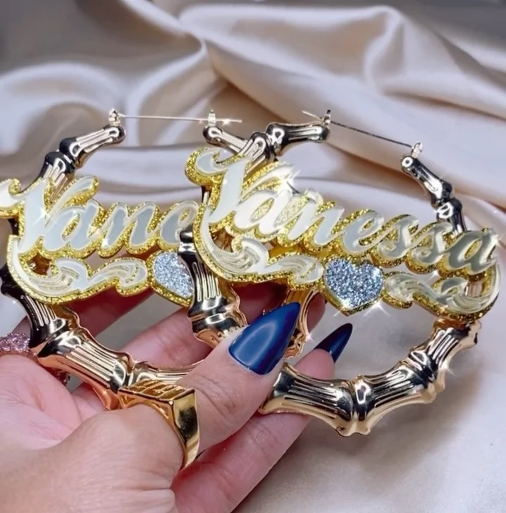 

Personalized Wholesale Gold Plated Custom Hoop Big Color Stainless Steel Rattan Bamboo Name Earrings