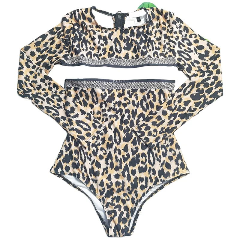 

Leopard Printed High Waist Jumpsuits Simple Letter Printed Women Fitness Swimwear