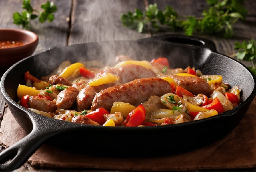 Professional food photography of perfectly caramelized sausage, bell peppers, and onions in cast iron skillet with steam rising