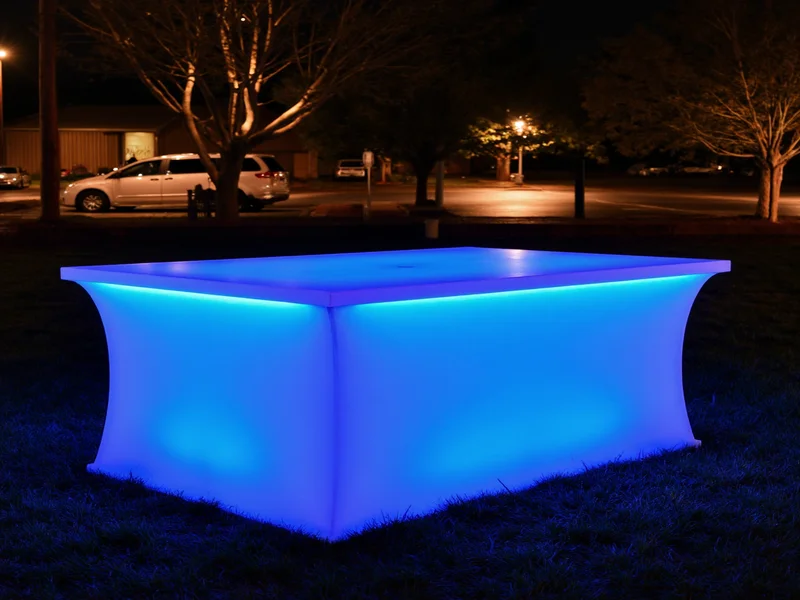 Table with fiber optic lighting along edges at night