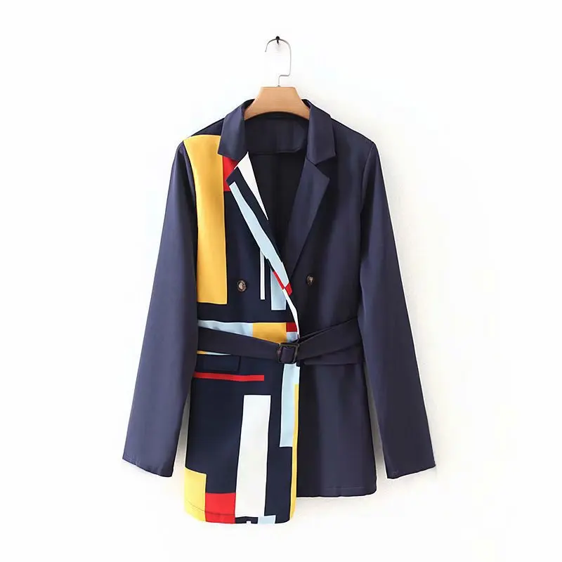 

Europe double-breasted contrast color navy suit blazer with belt long blazers ladies women blazer femme 2020, Print