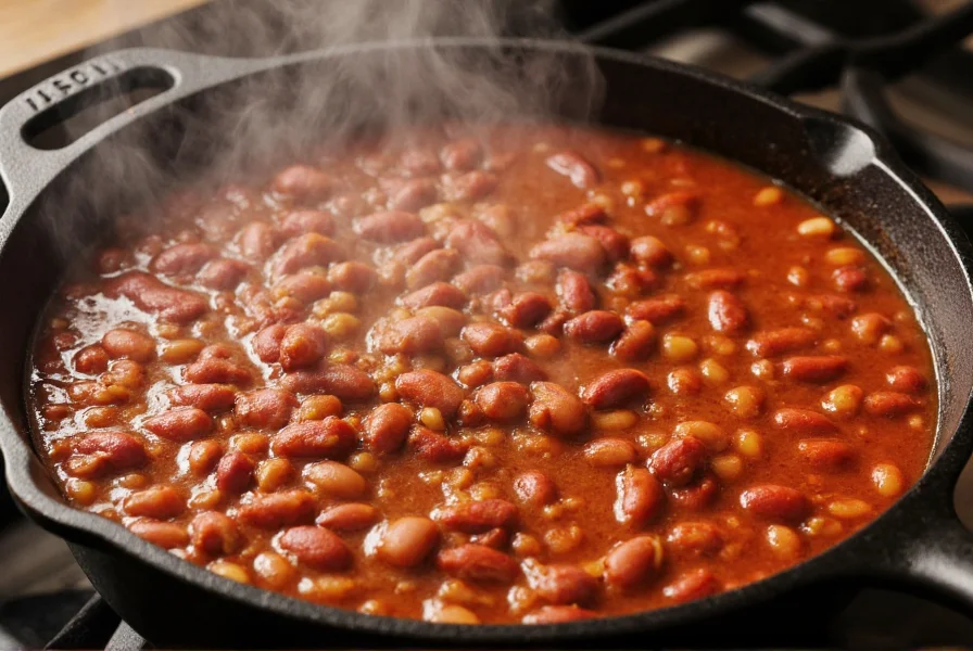 Homemade chili and beans in a cast iron pot with steam rising, showing rich red color and visible beans