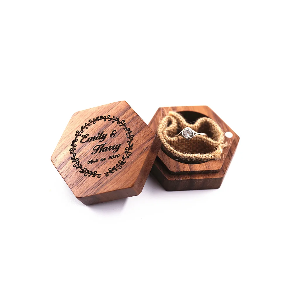 

Solid wood black walnut wedding ring jewelry packing box honeycomb hexagon gift packaging storage box customized LOGO