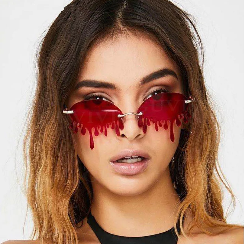 

2021 Custom Made Personality Funny Cute Tears Shape Sun Glasses Ladies Metal Frameless Trendy European American Prom Sunglasses