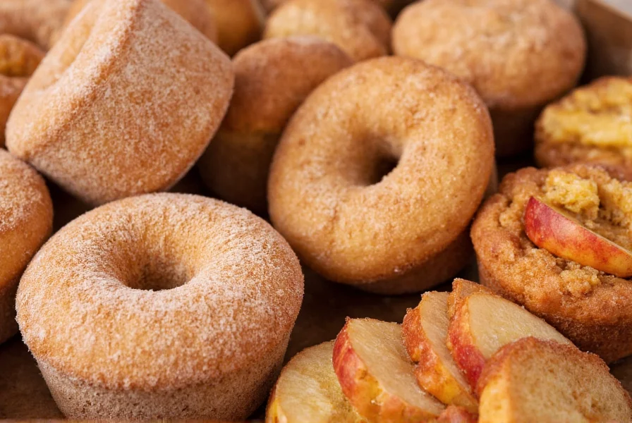 Assorted baked goods dusted with cinnamon sugar including donuts, muffins, and apple slices