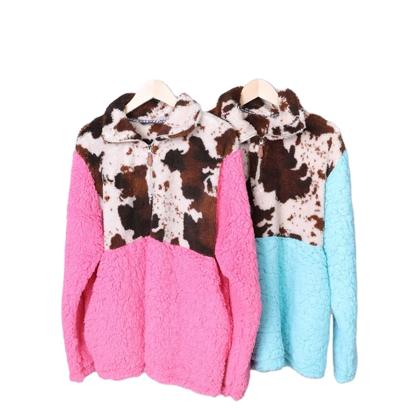 

Mommy and me Cowhide Turquoise Sherpa Jacket Women Comfortable Blue Fleece Coat Cheetah Hoodie with Zipper Sherpa