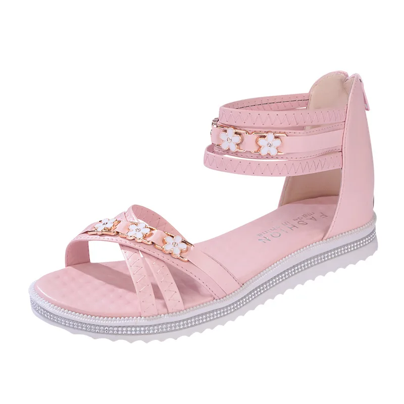 
Ankle-Wrap PU latest pink leather soft pink flower kids fashion wholesale TPR sole children sweet girl injection sandal shoes 