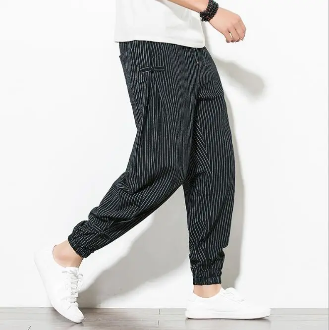 

2020 Fashion Striped Loose Cotton Linen Hip Hop Streetwear Wide Leg Pants Custom Wholesale, Customized color