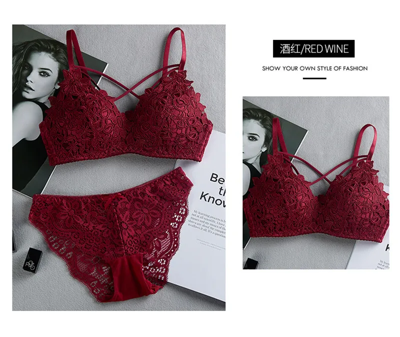 New fashion underwear women sexy thin lingerie set 3/4 Cup embroidered lace wireless sexy bra brief sets
