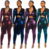 

Two-piece suit long sleeve hollow sexy V collar knot jacket slim band pencil solid legging pants FM-S3696