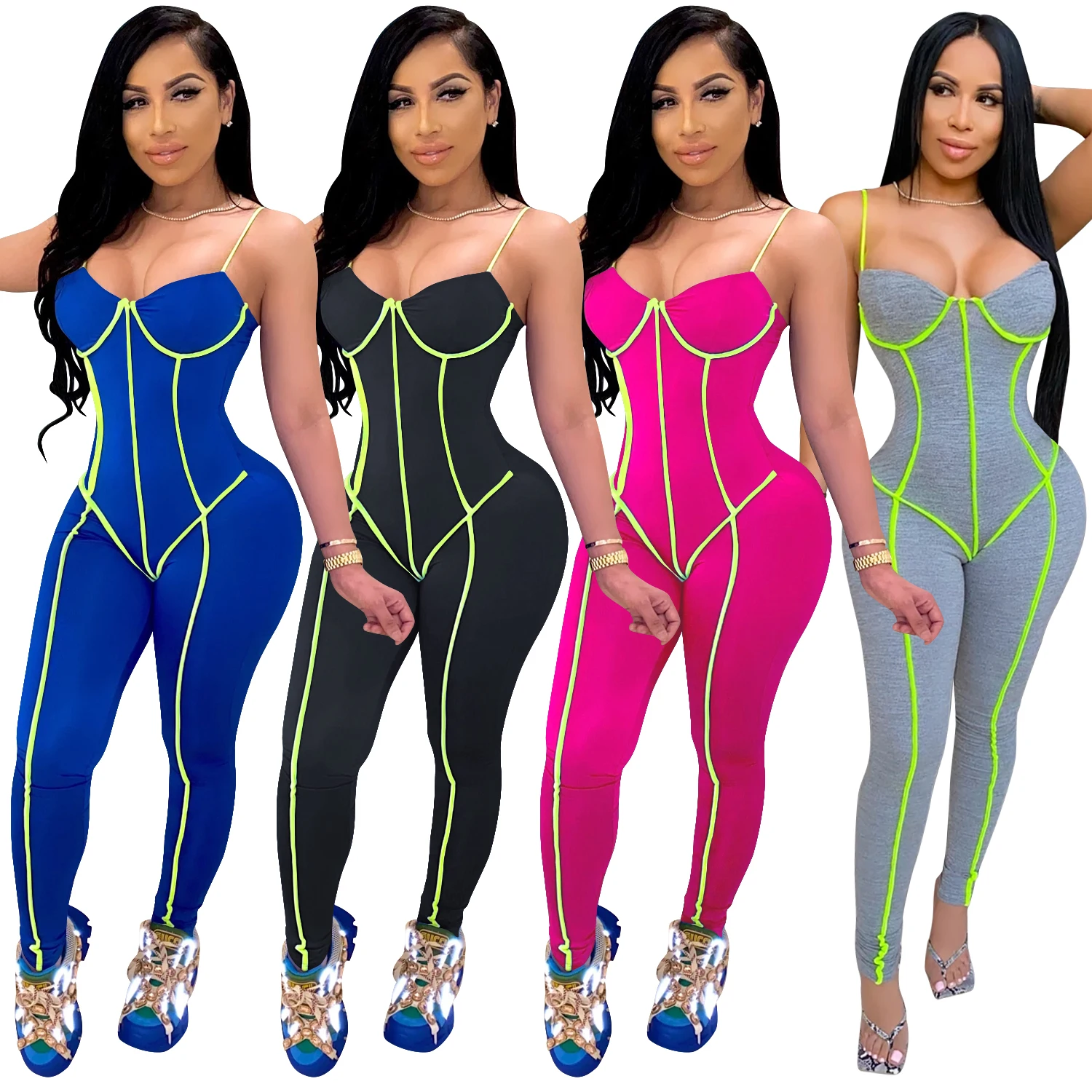 

Foma-X3648 Dropshipping casual sportswear suspenders bodycon one piece jumpsuit, As picture