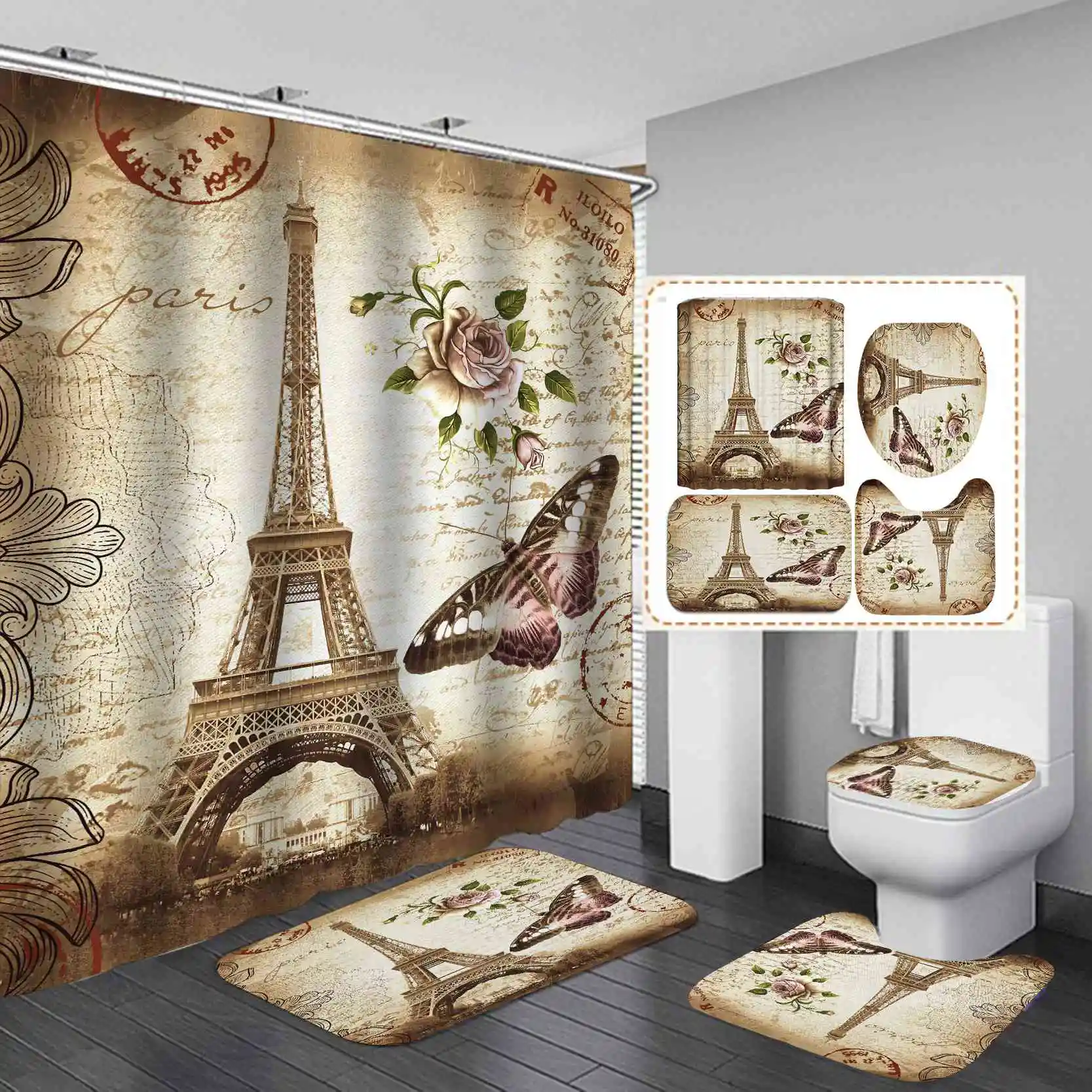 

High quality custom 3D printed waterproof polyester tower landscape bathroom mat set shower curtain