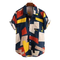 

USA Size Men's Summer Blouse Tops Casual Short Sleeve Color Block Printed Hawaiian Shirts For Men