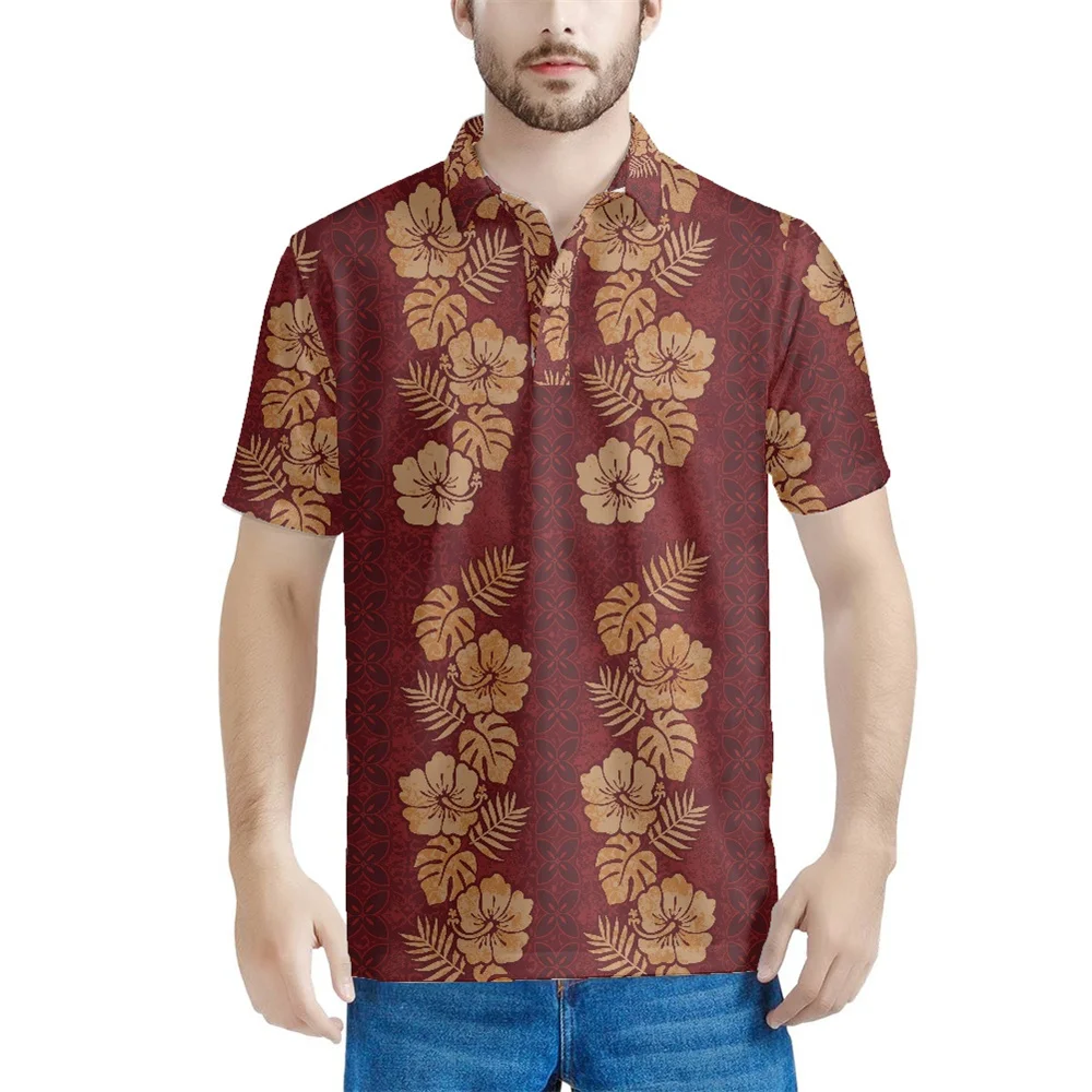 

MOQ 1 Polynesian Samoan Tribal Tattoo Tapa Hibiscus Print Polos Shirts Plus Size For Men Fashion Summer Short Sleeve Men's Shirt, Custom color