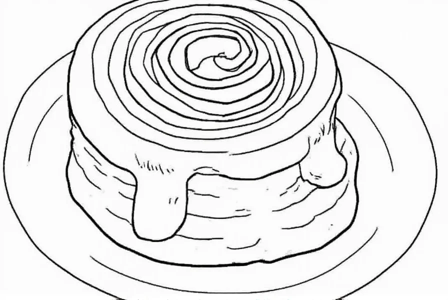 Simple cinnamon roll coloring page design with thick outlines for young children, showing a single cinnamon roll on a plate with space for coloring