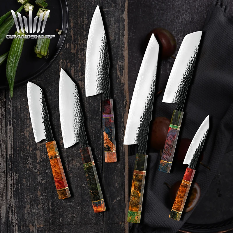 

New 6 pcs 3-layer AUS10 sandblasting & Solidified Wood Handle Kiritsuke Gyuto Chef Nakiri Santoku Paring Utility Kitchen Knives