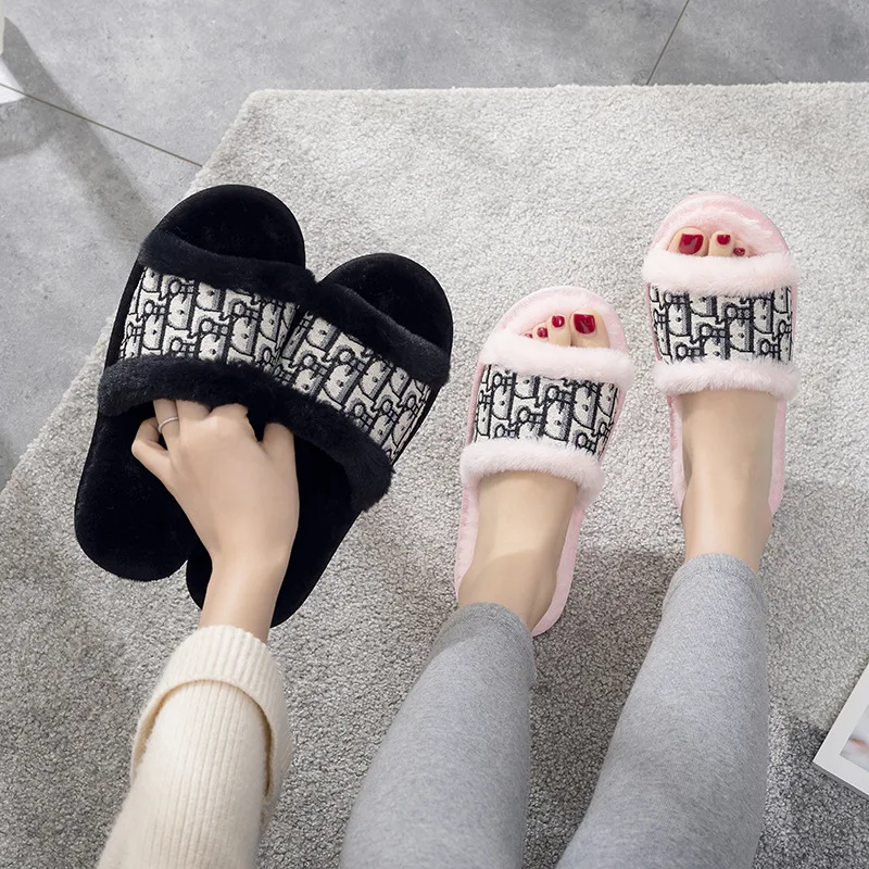 

Wholesale new ladies warm comfy flat slippers home non-slip rabbit fur fashion cotton slippers, Customized color