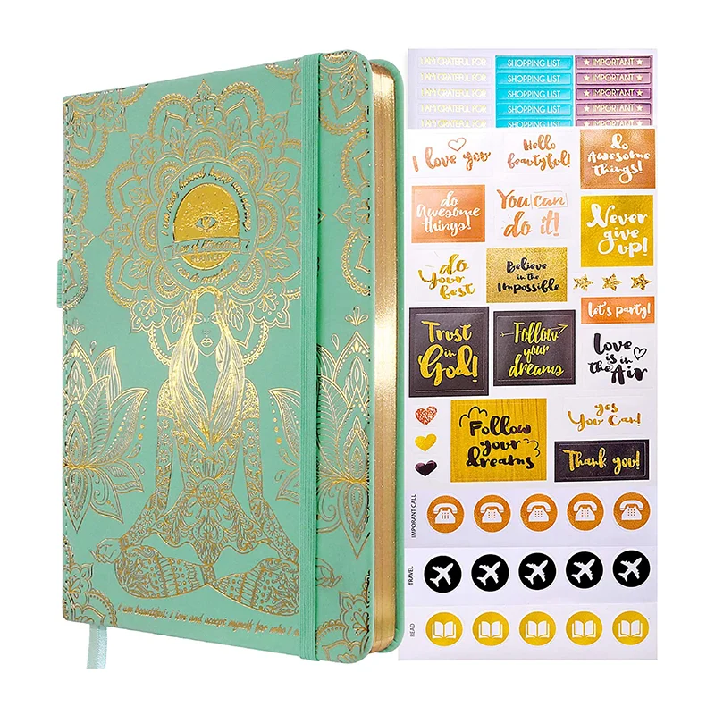 

Personalized A5 Self Care Planner Leather Linen Hardcover Dated Happy Planner With Sticker And Box Package Gold Edging Notebook, As per picture or as per requirement