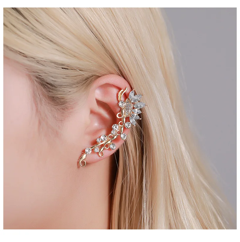 

Wholesale Full Crystal Butterfly Flower Cuff Earrings Elegant Ear Wrap Crawler Hook Earrings for Women, Silver plated