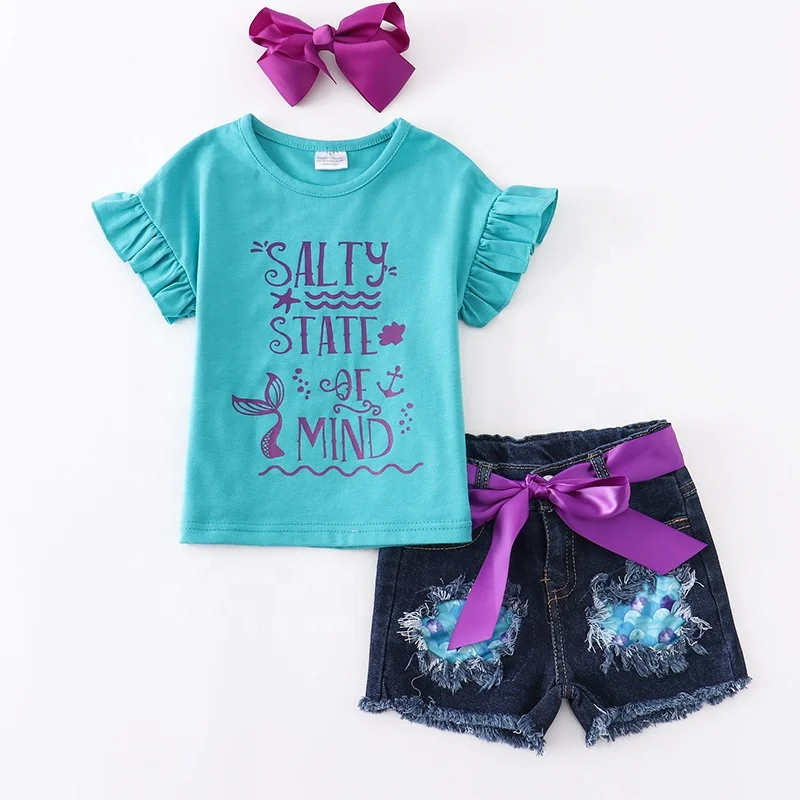 

Summer set Boutique Turquoise Mermaid Ruffle Short Sleeve Purple Belt Ripped Jeans baby girl outfit