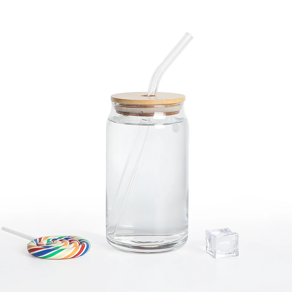 

Wholesale price straw set cold cups bamboo lids beer can shaped glass colored, Transparent clear